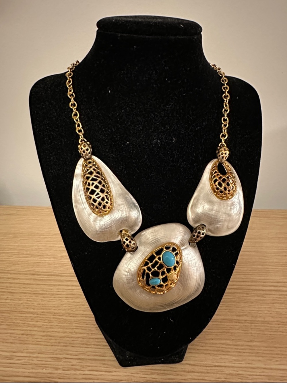 Alexis Bittar White Lucite Statement Necklace with Turquoise Accents